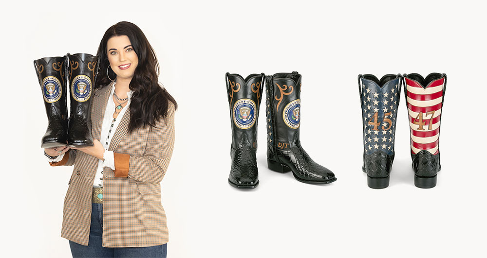 Shelbi Tidwell with brown hair holding colorful patriotic boots made for Donald Trump.